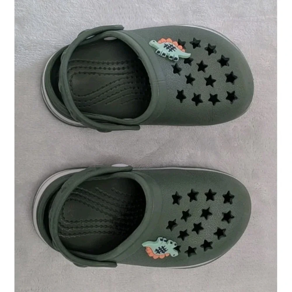 Khaki Slip-On Clogs Solid Round Toe Strap Accent Size 7 Unisex Dinosaur Charm